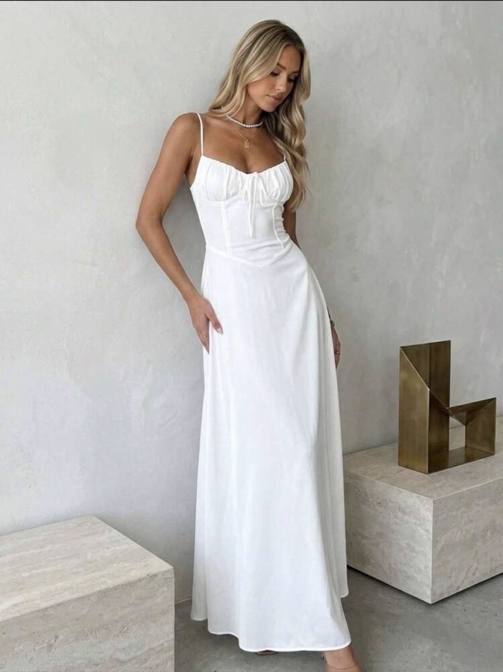 Ruched Bust Cami Maxi Dress White